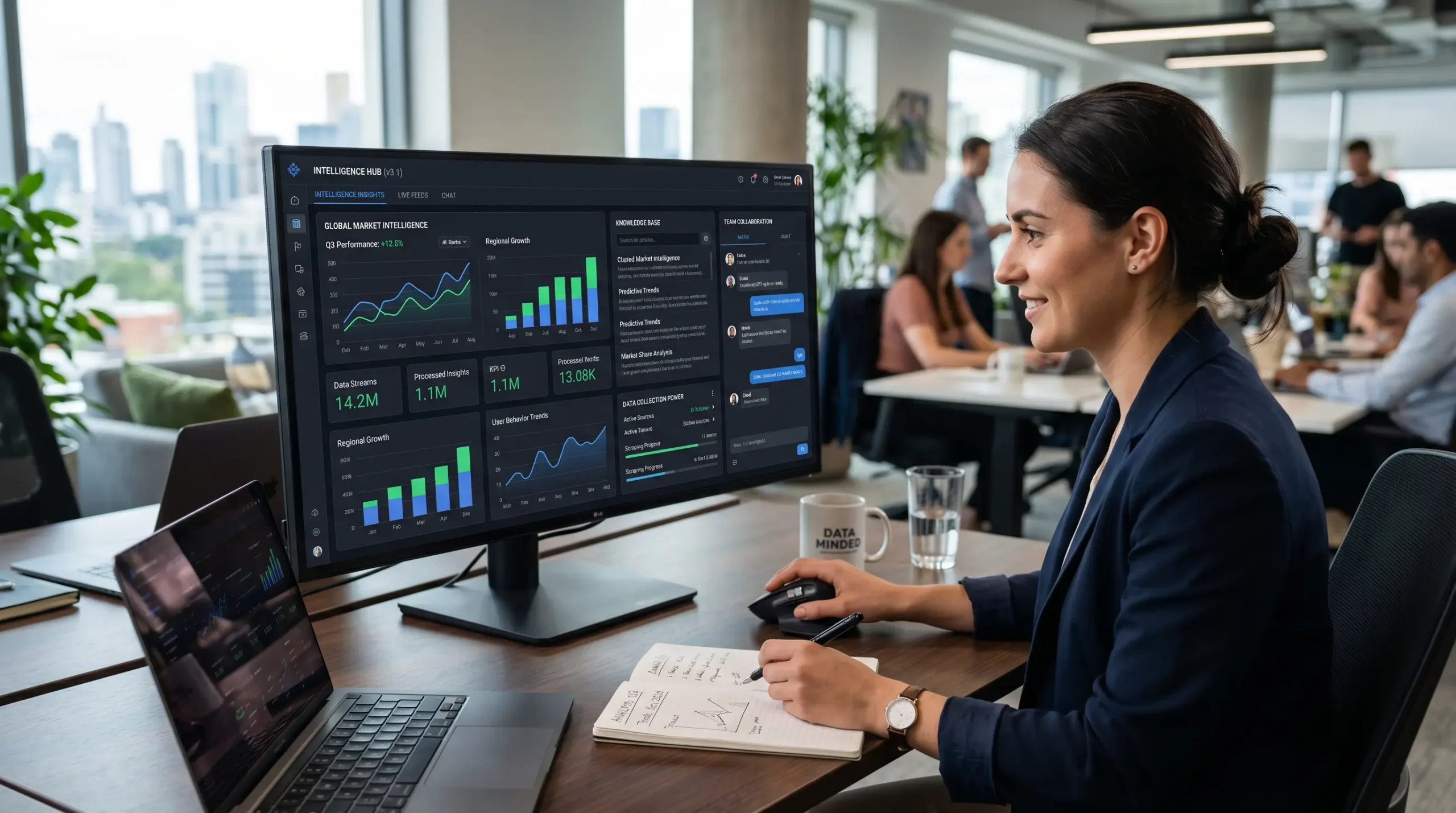 Professional woman analyzing data dashboards on a computer in a modern office workspace, working on labarty insights and market trends