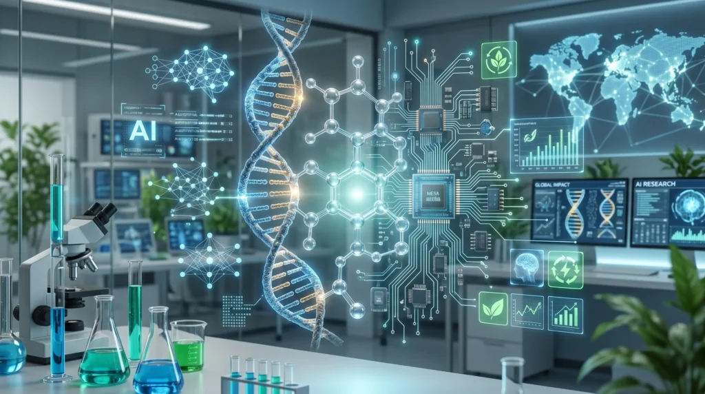 Futuristic lab with DNA, AI visuals, and digital data integration featuring Rosboxar.