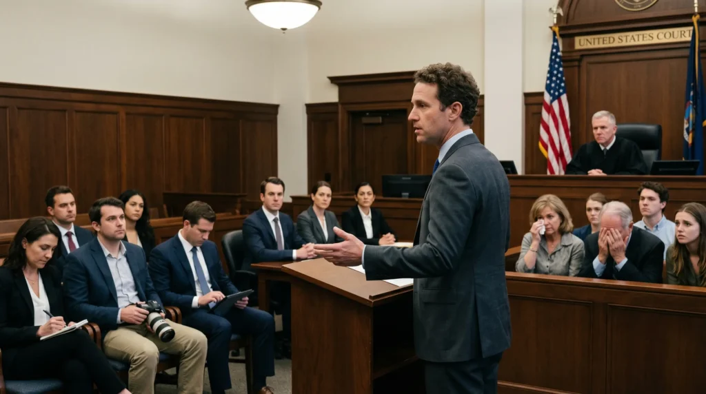 A person is presenting their case in court room just like Rowdy Oxford Lawsuit