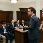 A person is presenting their case in court room just like Rowdy Oxford Lawsuit