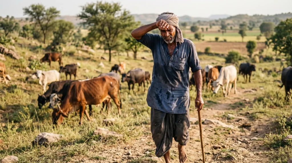 Simbramento concept showing a rural farmer wiping sweat while walking barefoot with a stick, herding cattle across a dry countryside landscape.