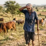 Simbramento concept showing a rural farmer wiping sweat while walking barefoot with a stick, herding cattle across a dry countryside landscape.