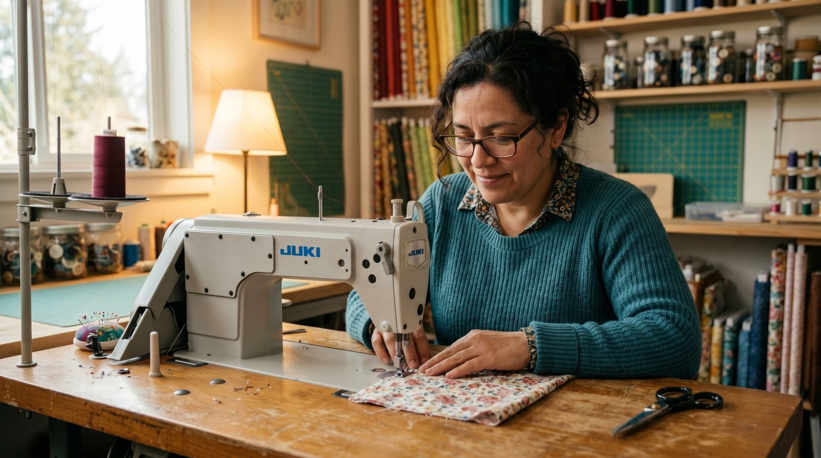 nahttypen: A women stitching on a sewing machine
