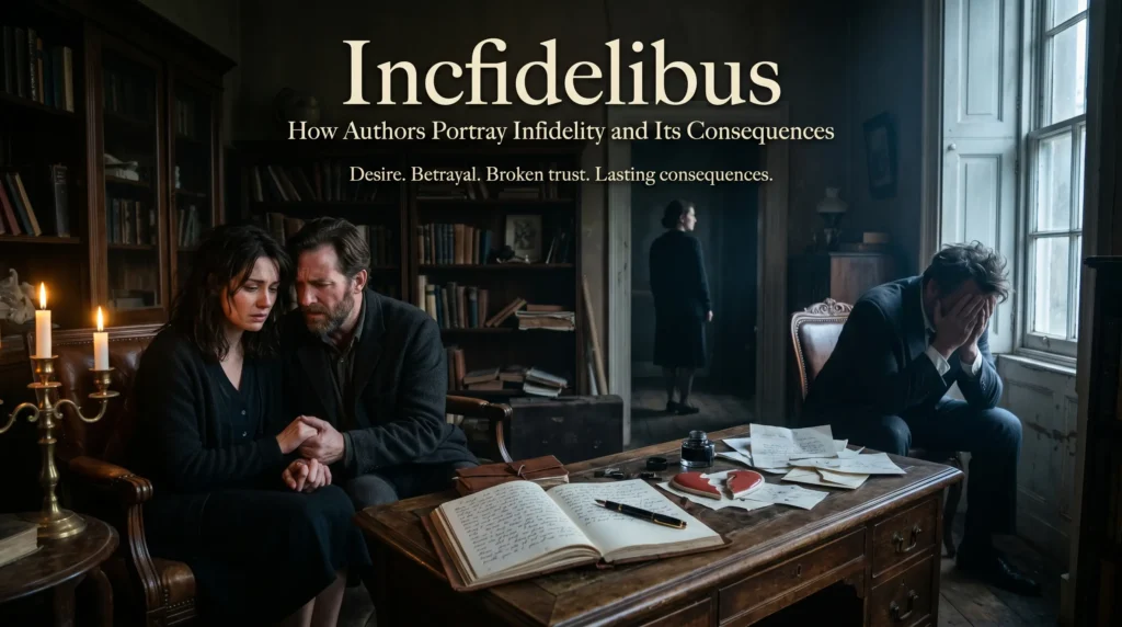 Incfidelibus shows a realistic literary scene with a distressed couple, a broken heart on a desk with scattered papers, and two figures expressing guilt and heartbreak in a vintage study room