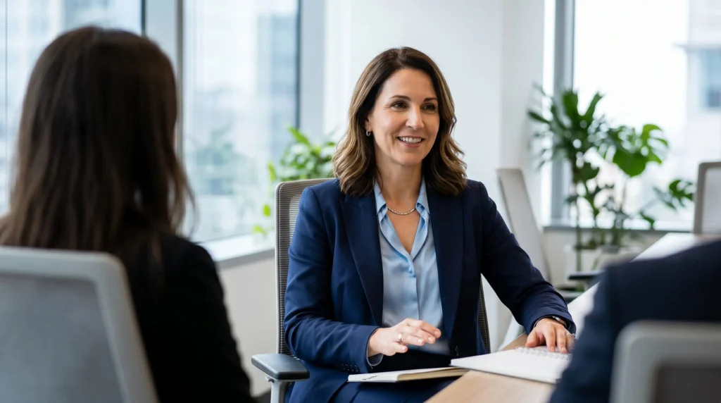Louisa Kochansky sitting in her office in formal with employees